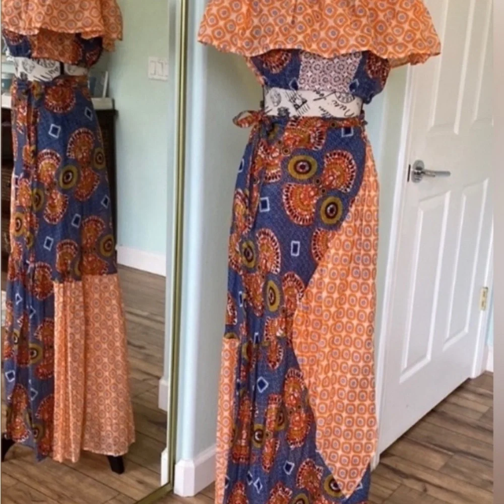 Blue and Orange Maxi Wrap Skirt set with matching Cropped Blouse